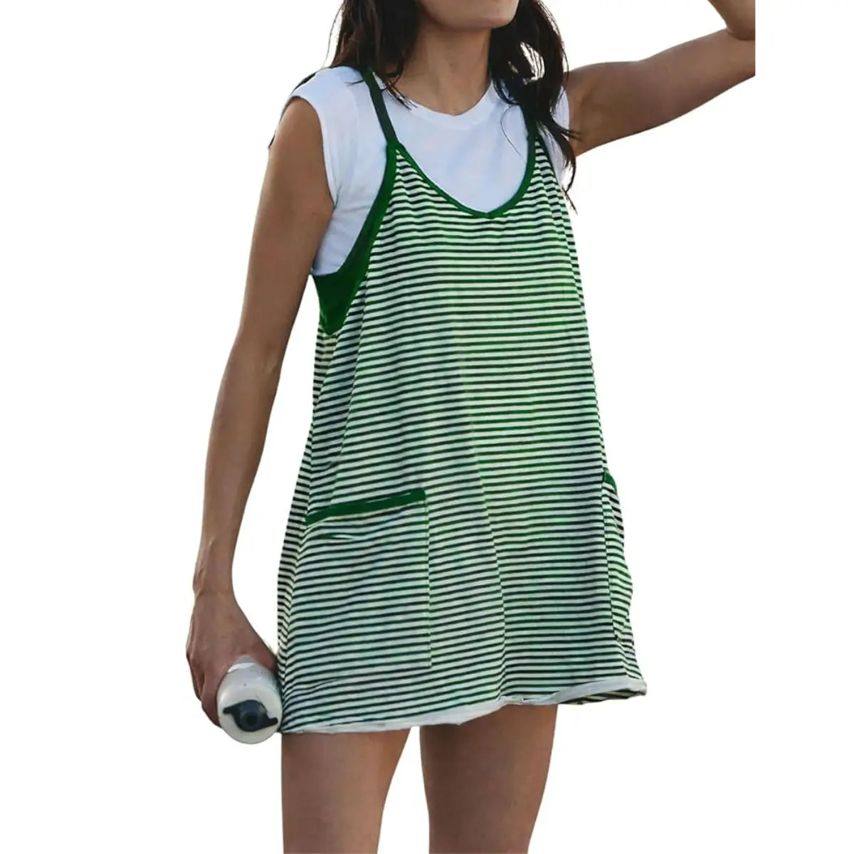 Yeokou Women'S Summer Athletic Mini Dress Sleeveless V Neck Built-In Shorts Striped Tennis Workout Vacation