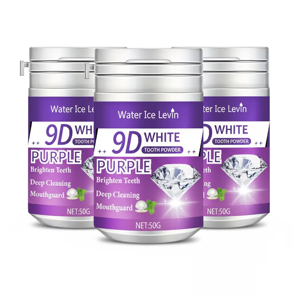 9D White Tooth Powder. Purple Brightening Formula. Apply Brush 2-3 Minutes Daily. Whitens Cleans Teeth. Fresh Breath.