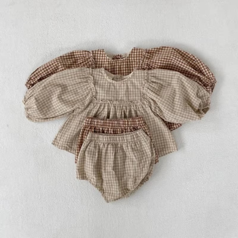 Adorable Summer Set for Baby Girls: 100% Cotton Plaid Blouse and Comfortable PP Shorts