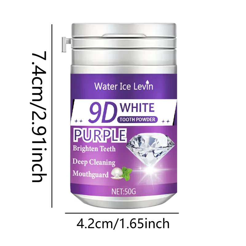 9D White Tooth Powder. Purple Brightening Formula. Apply Brush 2-3 Minutes Daily. Whitens Cleans Teeth. Fresh Breath.