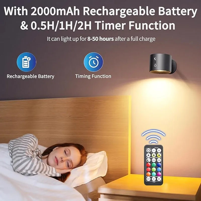 9 Colors 360° Rotation Wall Lamp Mounted Night Lights RGB LED up down Remote Rechargeable Wireless Reading Bedroom Lamp