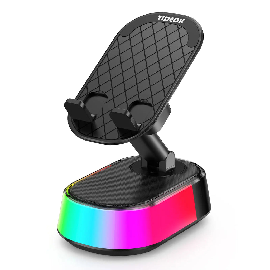TIDEOK Wireless Bluetooth Speaker with Phone Holder, Emergency Charging, Smart Sensing, Colorful Atmosphere Light, 9D HD Surround Sound, Foldable & Rotatable, for Iphone & Android