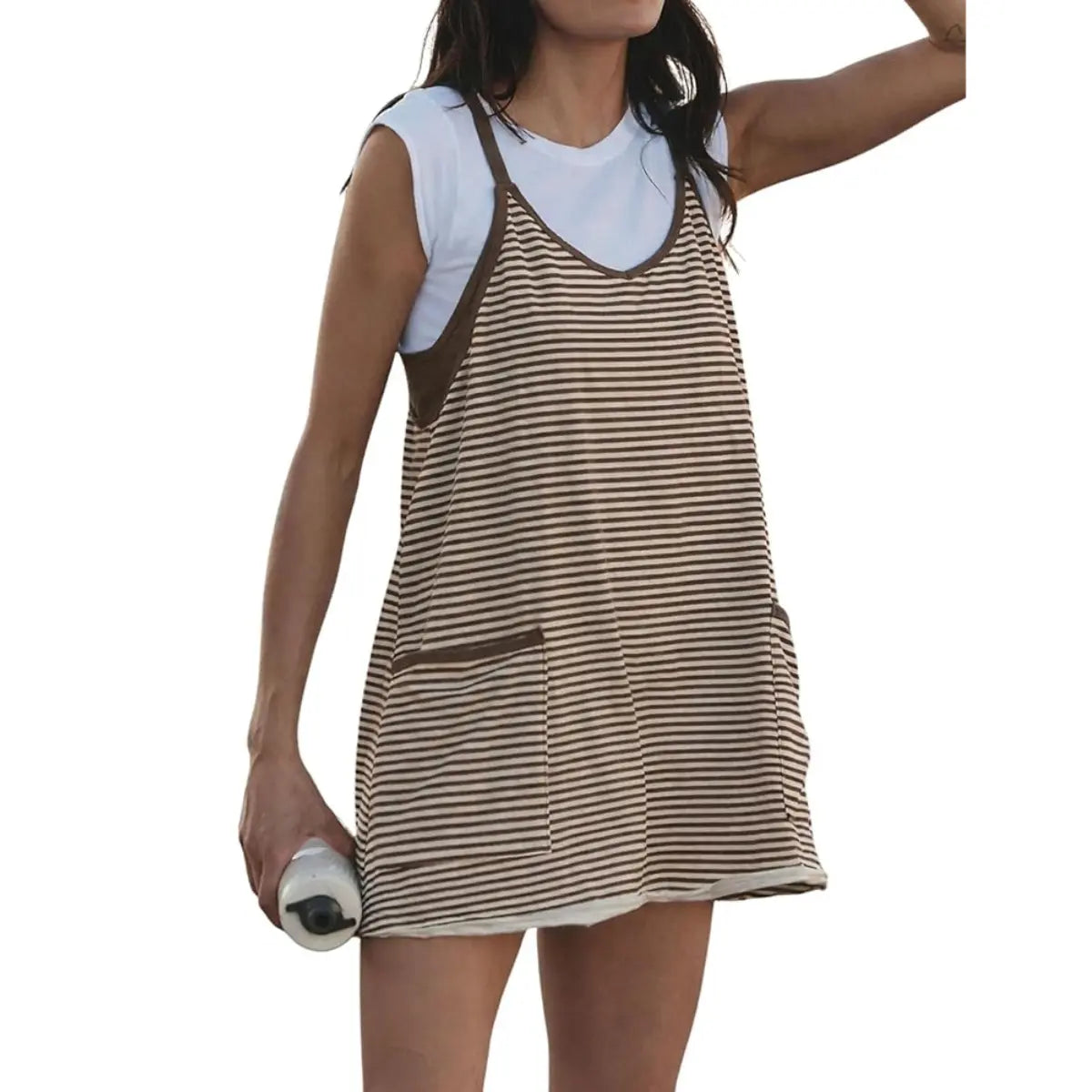 Yeokou Women'S Summer Athletic Mini Dress Sleeveless V Neck Built-In Shorts Striped Tennis Workout Vacation