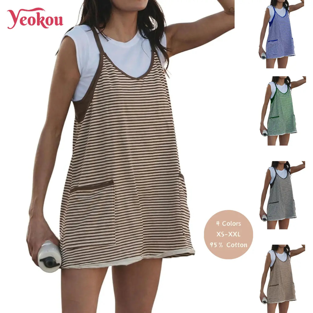 Yeokou Women'S Summer Athletic Mini Dress Sleeveless V Neck Built-In Shorts Striped Tennis Workout Vacation