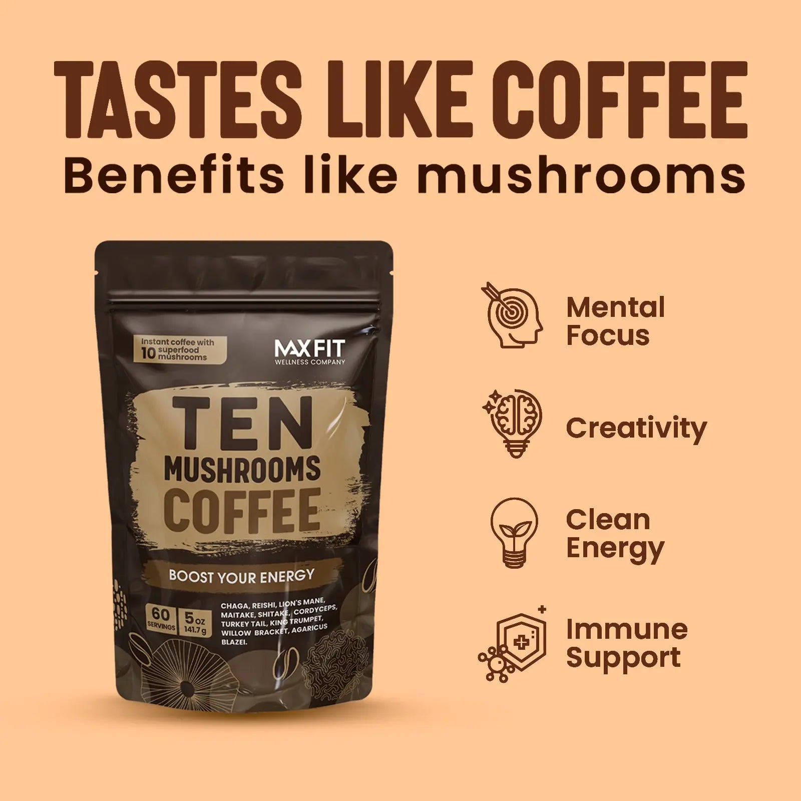 Original 10 Mushrooms Instant Coffee – 60 Servings | Medium Roast Arabica Coffee with Chaga, Reishi, Lion'S Mane, Cordyceps, Shiitake & Turkey Tail Blend - Sugar Free & Gluten Free - Boost Energy, Support Mental Focus & Immune System - Everyday Wellness