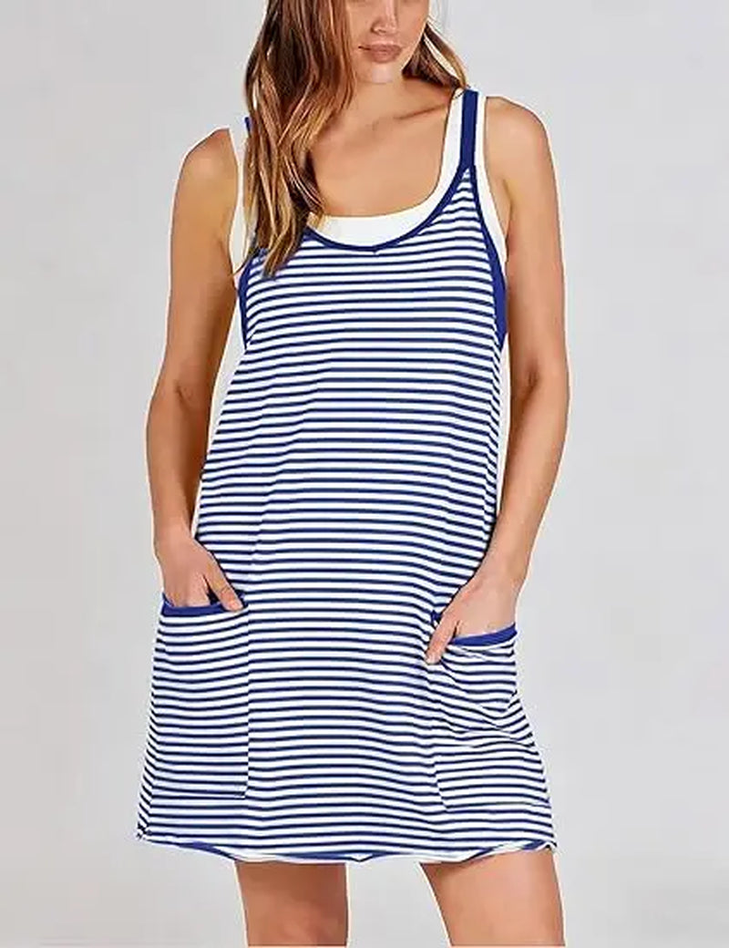 Yeokou Women'S Summer Athletic Mini Dress Sleeveless V Neck Built-In Shorts Striped Tennis Workout Vacation
