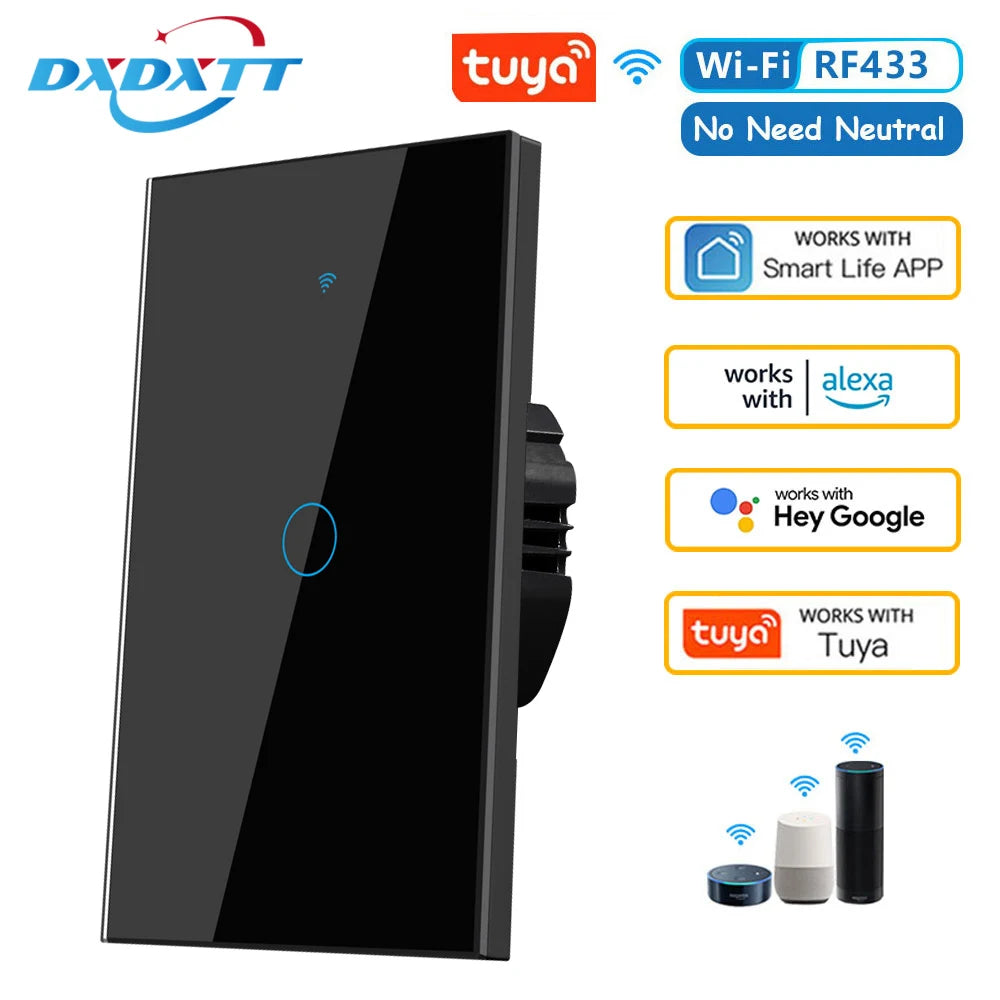 Tuya Smart Switches US RF433 1/2/3 Gang No Neutral Wire Touch Sensor LED Light Wifi Wall Switches Smart Home Alexa Google Home