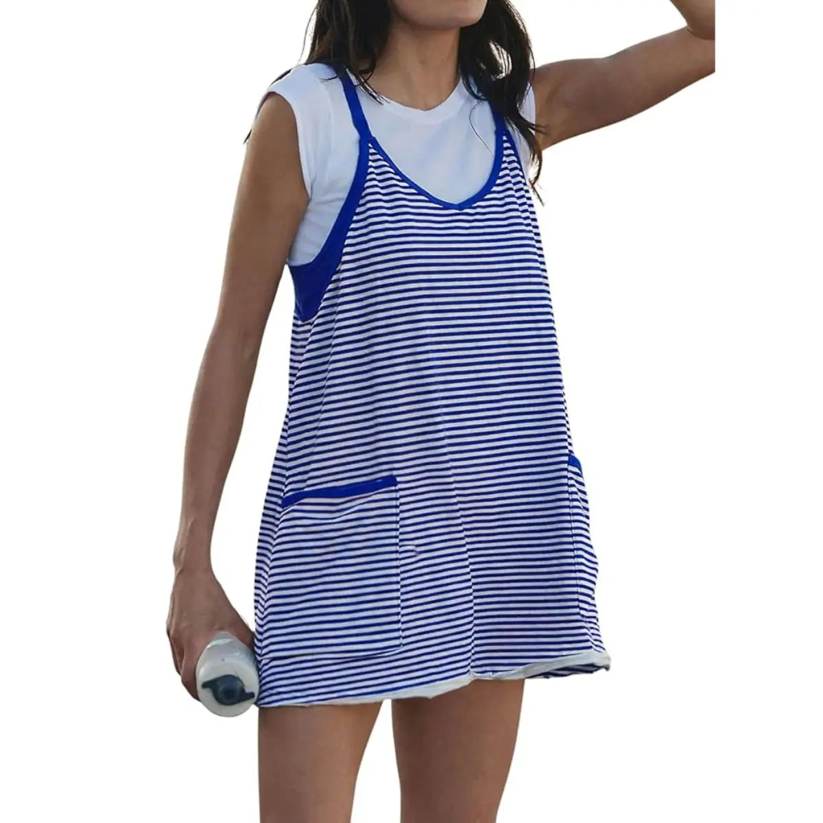 Yeokou Women'S Summer Athletic Mini Dress Sleeveless V Neck Built-In Shorts Striped Tennis Workout Vacation