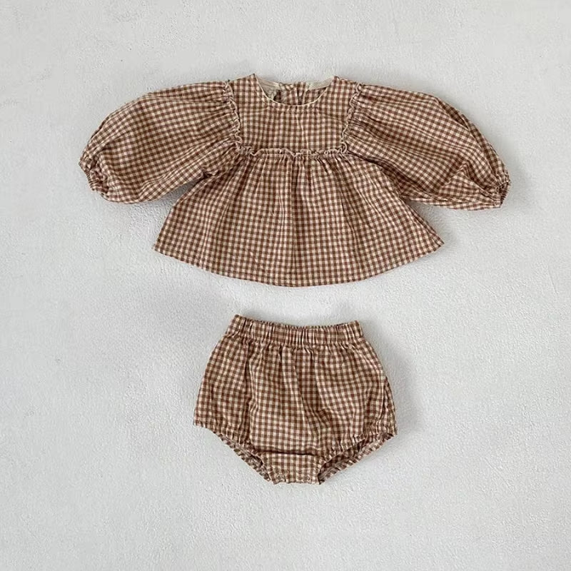 Adorable Summer Set for Baby Girls: 100% Cotton Plaid Blouse and Comfortable PP Shorts
