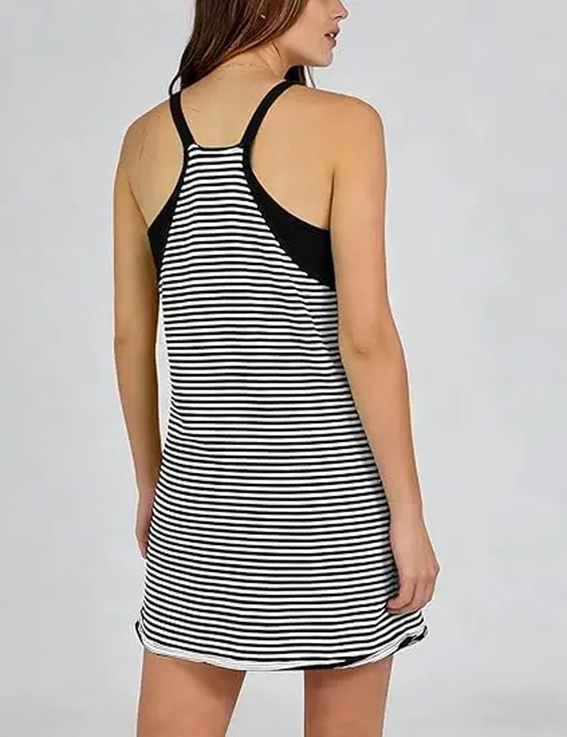 Yeokou Women'S Summer Athletic Mini Dress Sleeveless V Neck Built-In Shorts Striped Tennis Workout Vacation