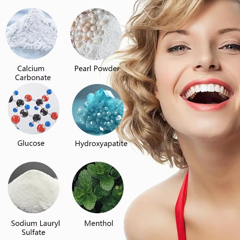 9D White Tooth Powder. Purple Brightening Formula. Apply Brush 2-3 Minutes Daily. Whitens Cleans Teeth. Fresh Breath.