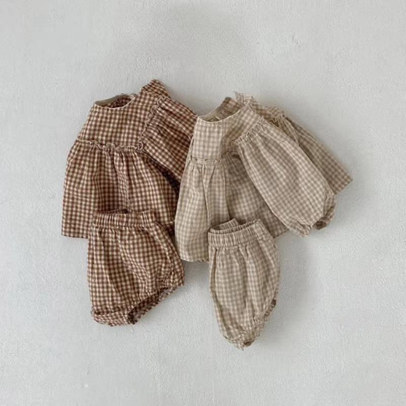 Adorable Summer Set for Baby Girls: 100% Cotton Plaid Blouse and Comfortable PP Shorts