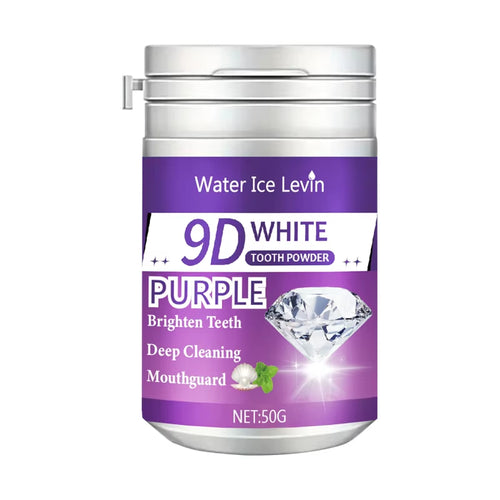 9D White Tooth Powder. Purple Brightening Formula. Apply Brush 2-3 Minutes Daily. Whitens Cleans Teeth. Fresh Breath.
