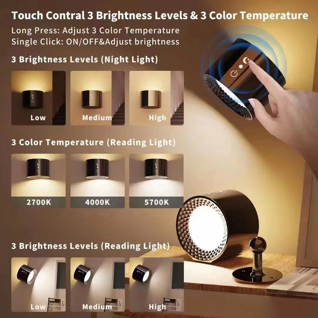 9 Colors 360° Rotation Wall Lamp Mounted Night Lights RGB LED up down Remote Rechargeable Wireless Reading Bedroom Lamp