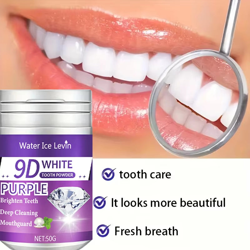 9D White Tooth Powder. Purple Brightening Formula. Apply Brush 2-3 Minutes Daily. Whitens Cleans Teeth. Fresh Breath.