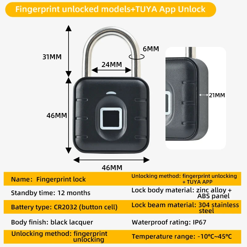 Tuya Smart Bluetooth Mini Password Fingerprint Padlock Waterproof Keyless Security Electronic Luggage Bag Case Anti-Theft Lock