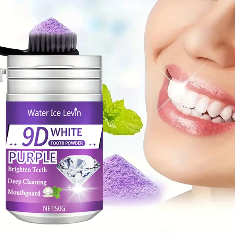 9D White Tooth Powder. Purple Brightening Formula. Apply Brush 2-3 Minutes Daily. Whitens Cleans Teeth. Fresh Breath.