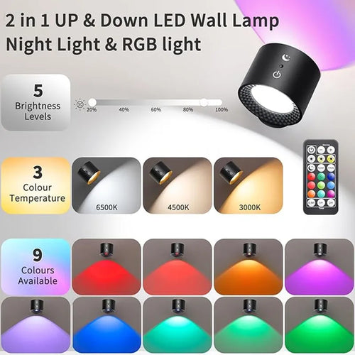 9 Colors 360° Rotation Wall Lamp Mounted Night Lights RGB LED up down Remote Rechargeable Wireless Reading Bedroom Lamp