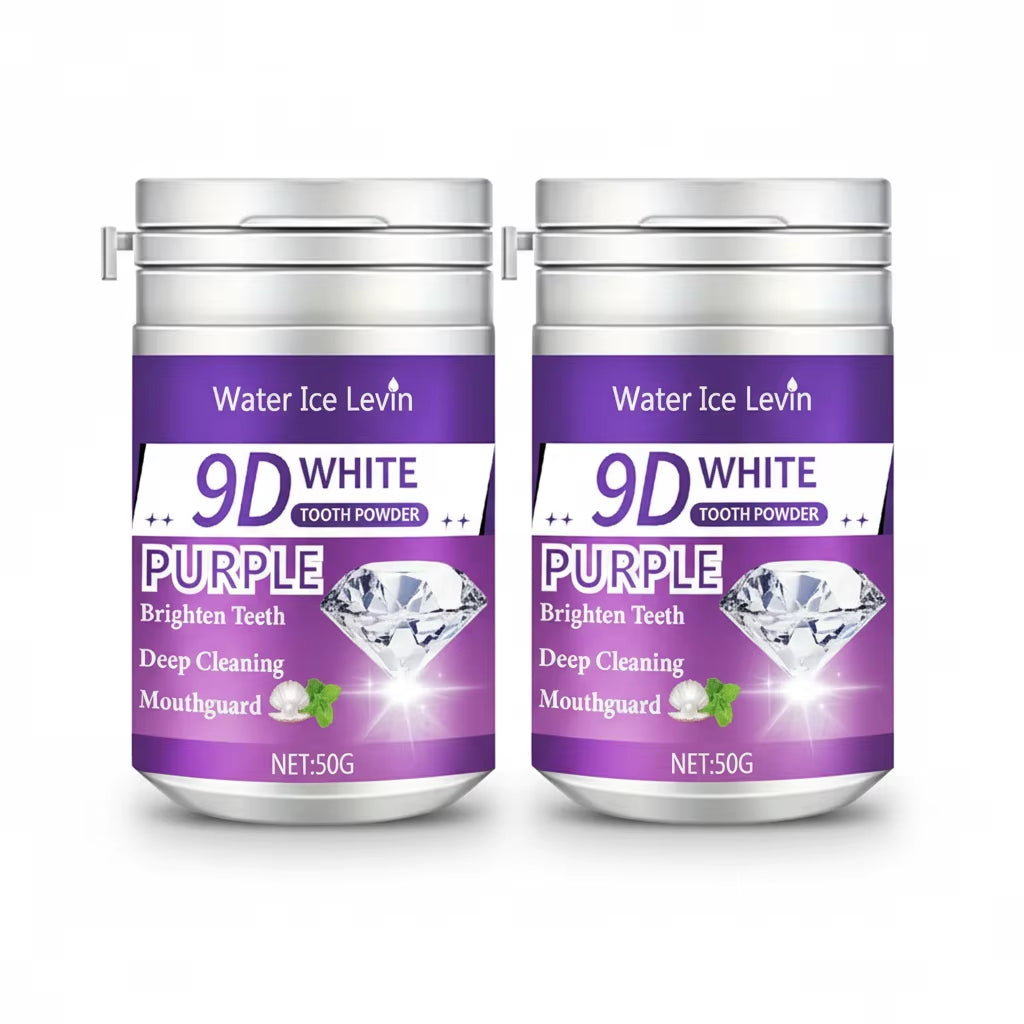 9D White Tooth Powder. Purple Brightening Formula. Apply Brush 2-3 Minutes Daily. Whitens Cleans Teeth. Fresh Breath.