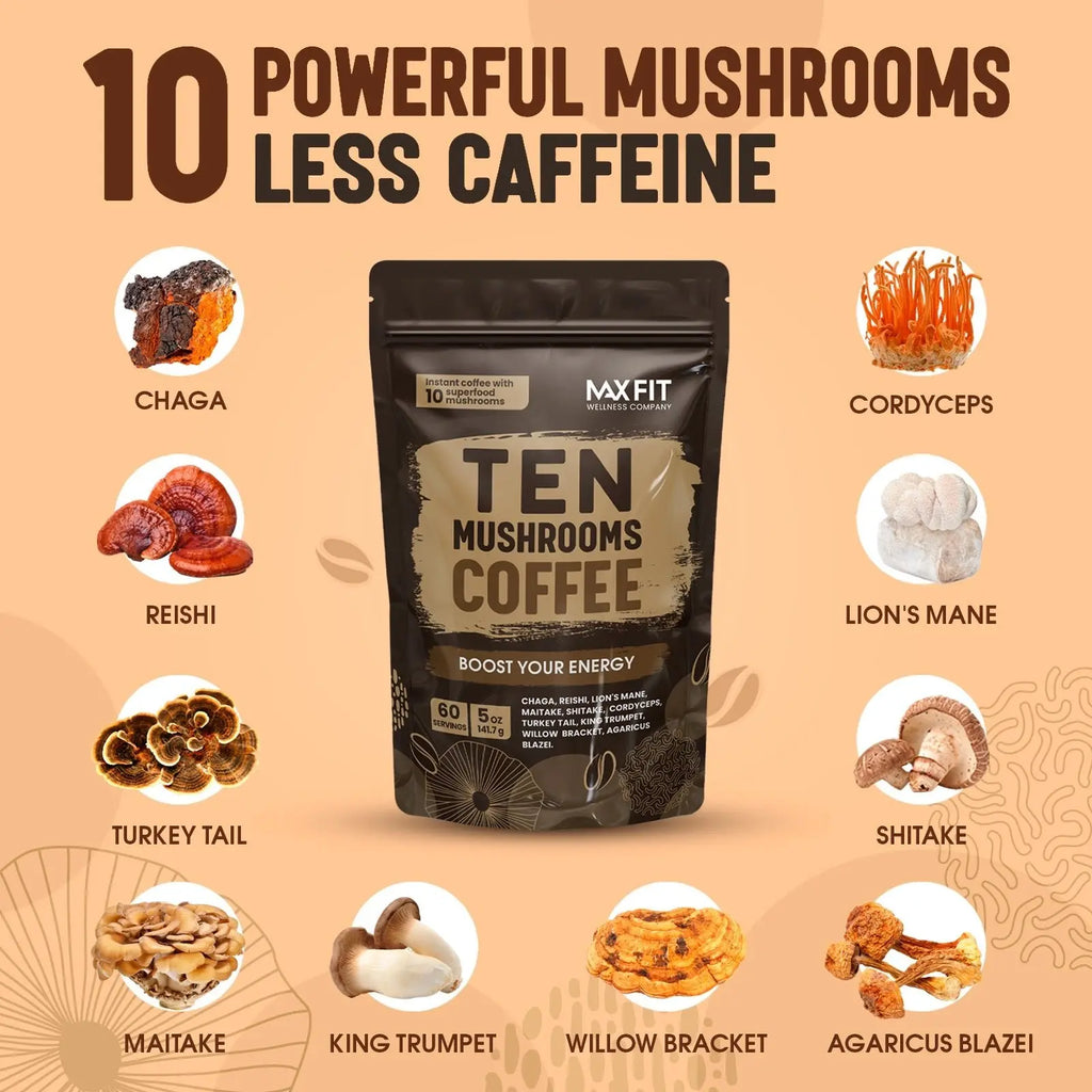 Original 10 Mushrooms Instant Coffee – 60 Servings | Medium Roast Arabica Coffee with Chaga, Reishi, Lion'S Mane, Cordyceps, Shiitake & Turkey Tail Blend - Sugar Free & Gluten Free - Boost Energy, Support Mental Focus & Immune System - Everyday Wellness