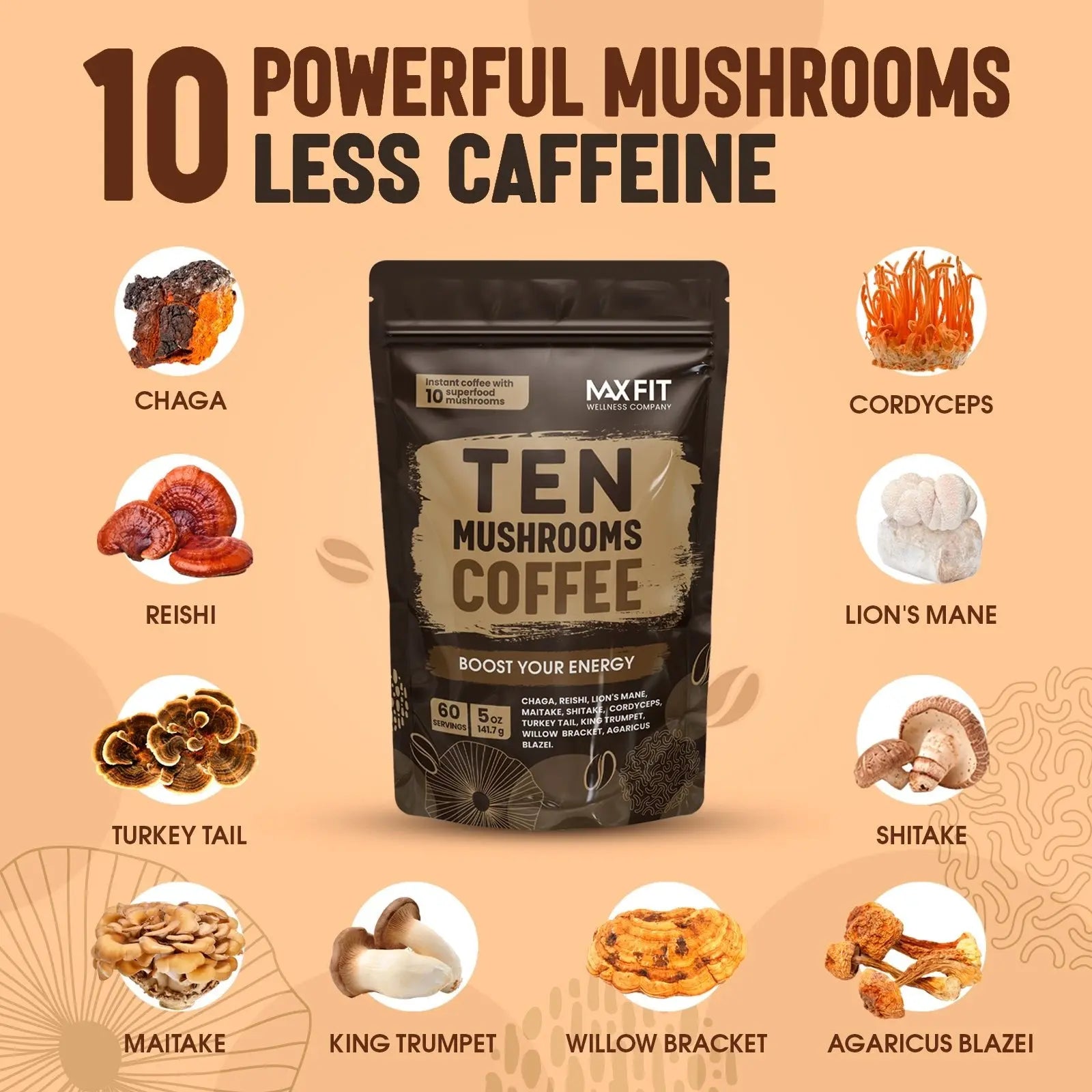 Original 10 Mushrooms Instant Coffee – 60 Servings | Medium Roast Arabica Coffee with Chaga, Reishi, Lion'S Mane, Cordyceps, Shiitake & Turkey Tail Blend - Sugar Free & Gluten Free - Boost Energy, Support Mental Focus & Immune System - Everyday Wellness