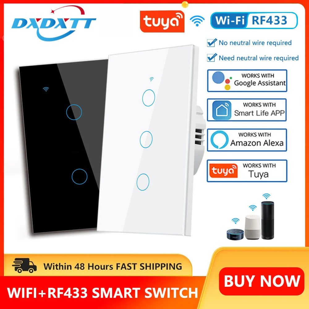Tuya Smart Switches US RF433 1/2/3 Gang No Neutral Wire Touch Sensor LED Light Wifi Wall Switches Smart Home Alexa Google Home