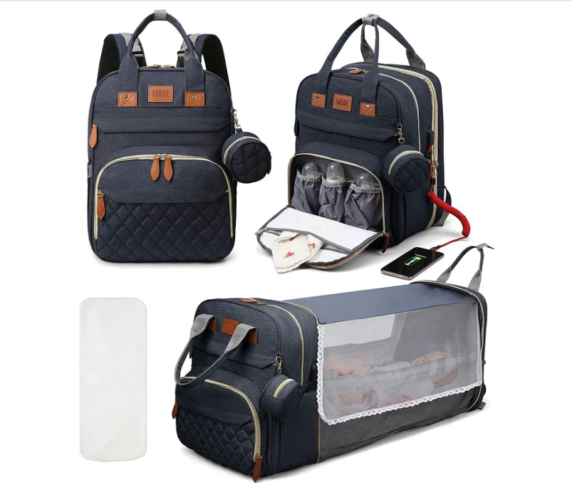 Ultimate 3-in-1 Diaper Bag Backpack: Foldable Baby Bed, Waterproof Travel Companion with USB Charging