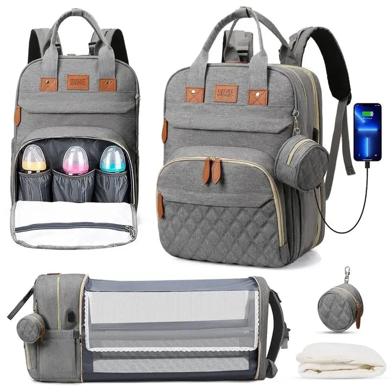 Ultimate 3-in-1 Diaper Bag Backpack: Foldable Baby Bed, Waterproof Travel Companion with USB Charging
