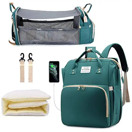 Ultimate 3-in-1 Diaper Bag Backpack: Foldable Baby Bed, Waterproof Travel Companion with USB Charging