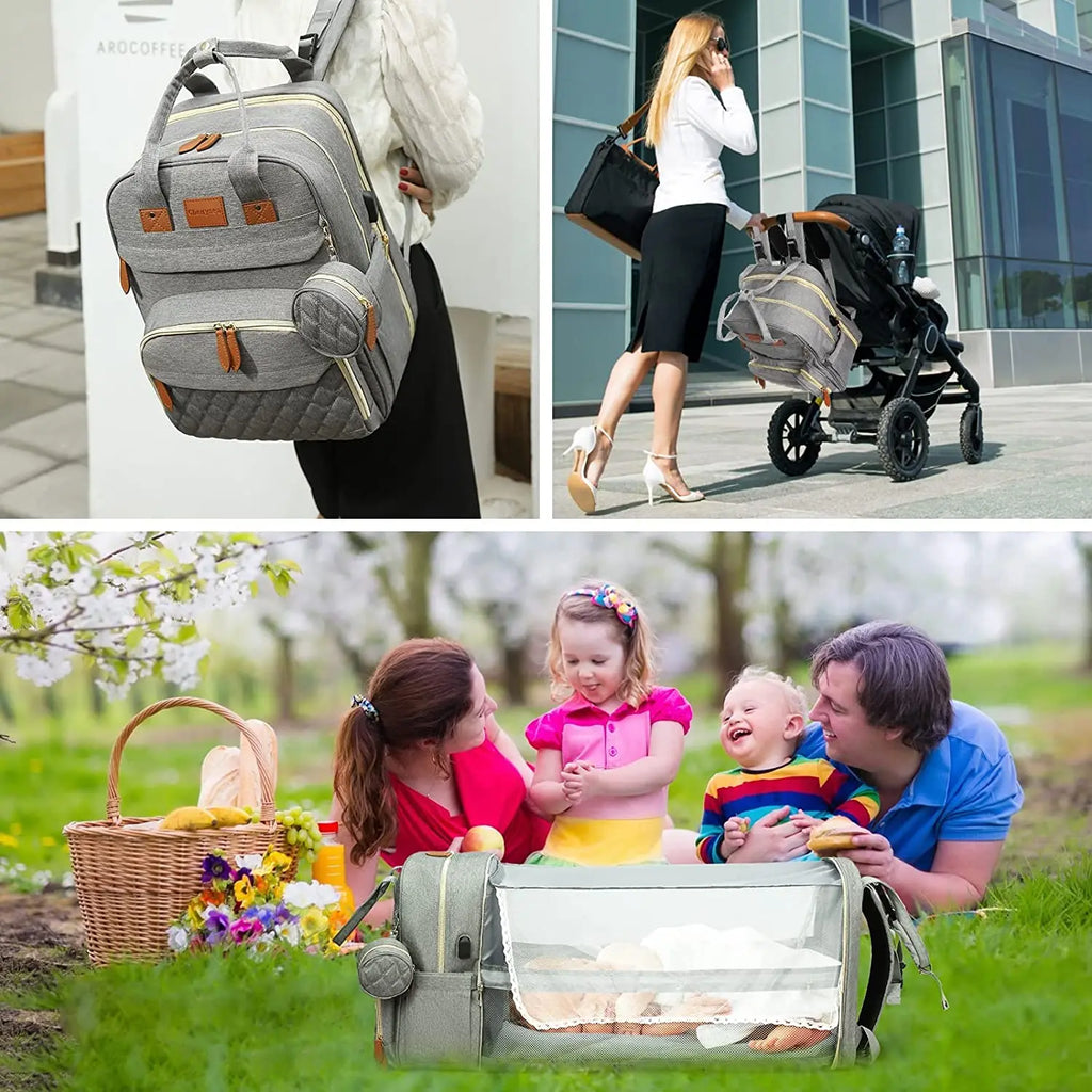 Ultimate 3-in-1 Diaper Bag Backpack: Foldable Baby Bed, Waterproof Travel Companion with USB Charging