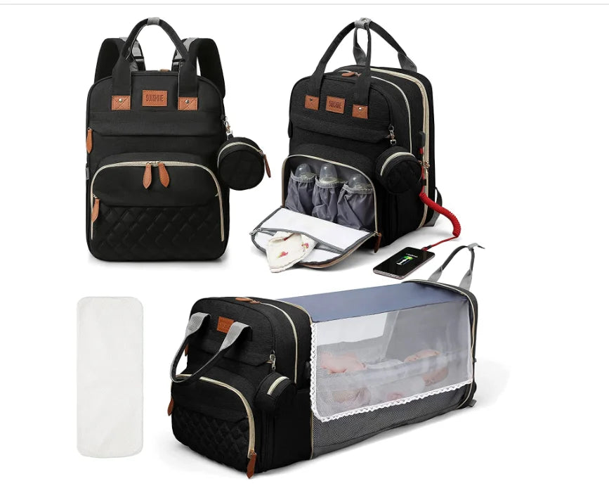 Ultimate 3-in-1 Diaper Bag Backpack: Foldable Baby Bed, Waterproof Travel Companion with USB Charging
