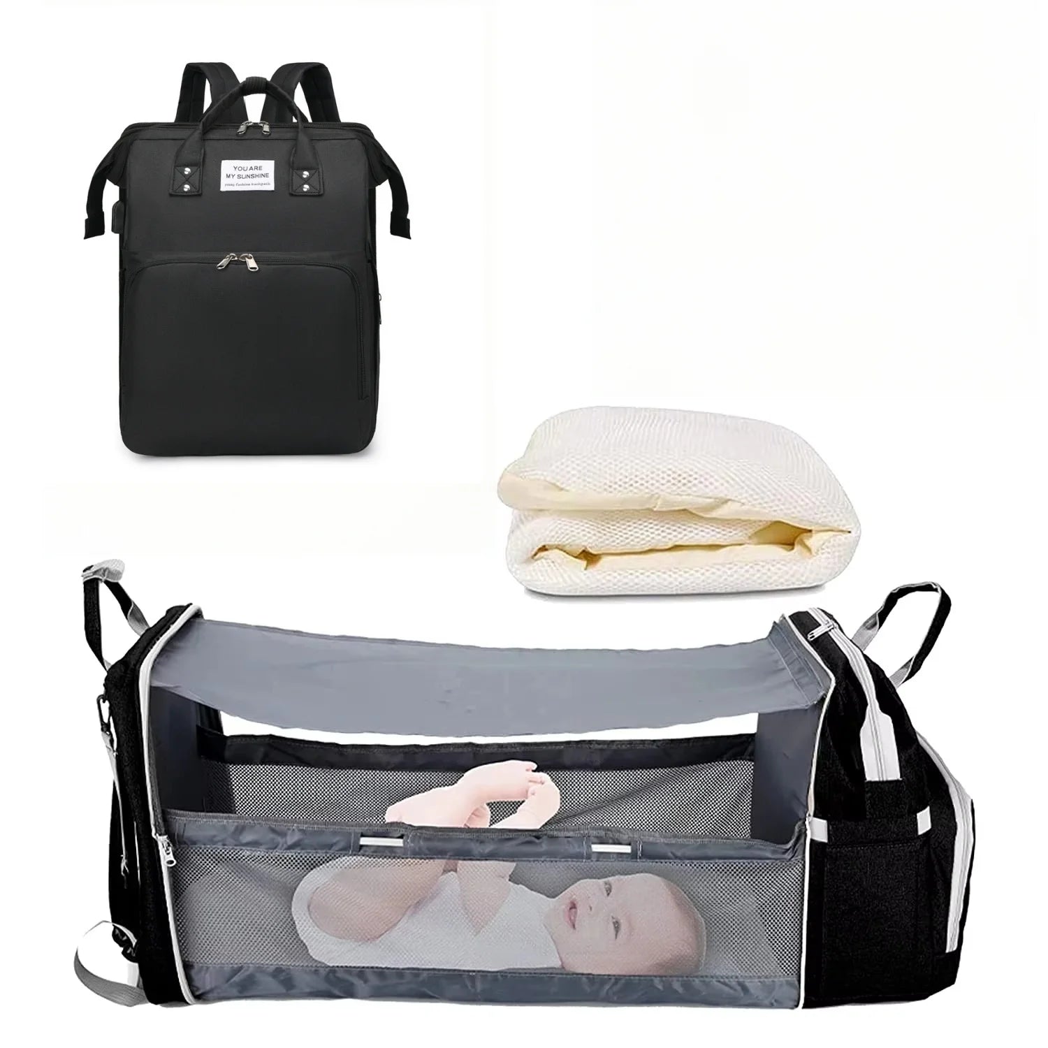Ultimate 3-in-1 Diaper Bag Backpack: Foldable Baby Bed, Waterproof Travel Companion with USB Charging