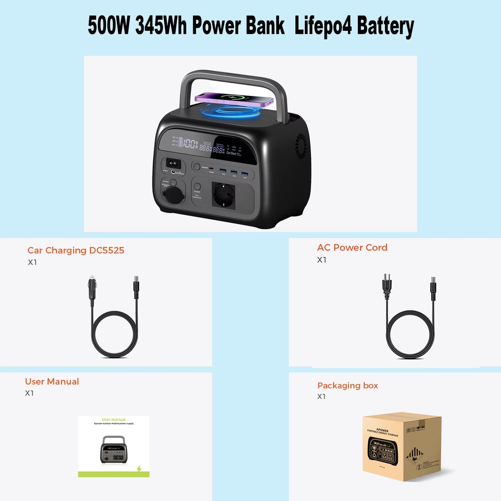 AP400 Solar Generator Portable Power Station UPS 346Wh 500W Lifepo4 Battery 3000+ Cycle Wireless 150W Ultrafast Charge