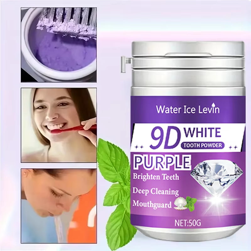 9D White Tooth Powder. Purple Brightening Formula. Apply Brush 2-3 Minutes Daily. Whitens Cleans Teeth. Fresh Breath.