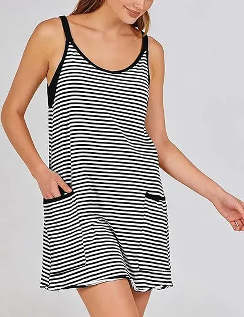 Yeokou Women'S Summer Athletic Mini Dress Sleeveless V Neck Built-In Shorts Striped Tennis Workout Vacation