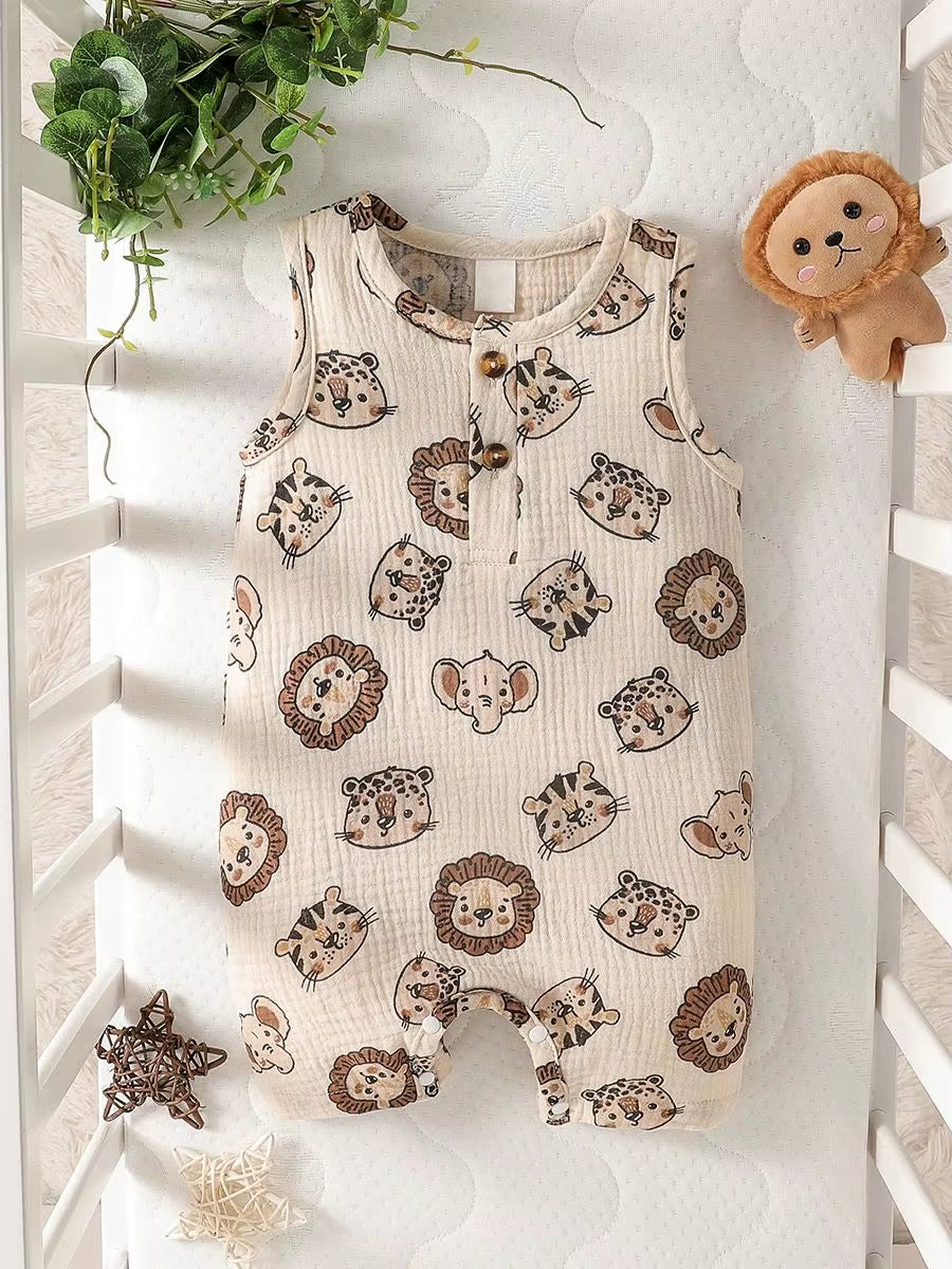 Adorable Baby Boy Cartoon Animal Pattern Jumpsuit for Summer Fun