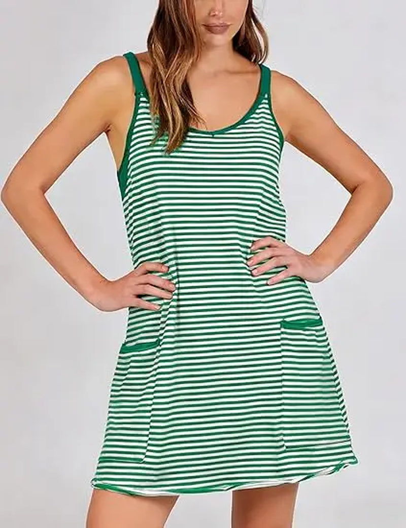 Yeokou Women'S Summer Athletic Mini Dress Sleeveless V Neck Built-In Shorts Striped Tennis Workout Vacation