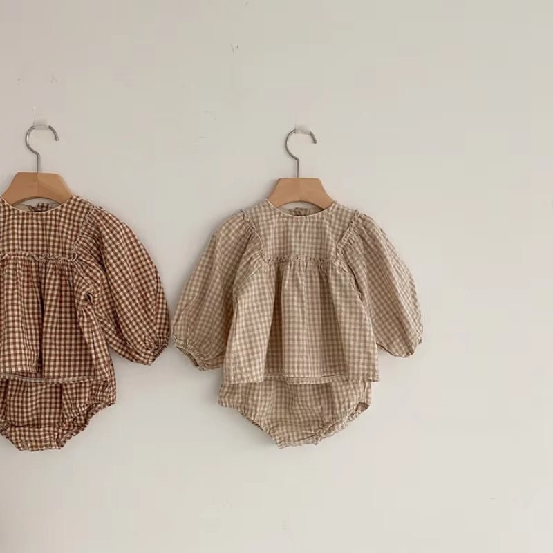 Adorable Summer Set for Baby Girls: 100% Cotton Plaid Blouse and Comfortable PP Shorts