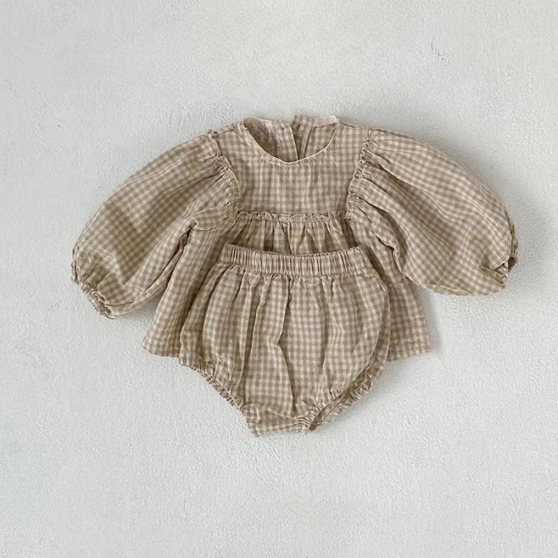 Adorable Summer Set for Baby Girls: 100% Cotton Plaid Blouse and Comfortable PP Shorts