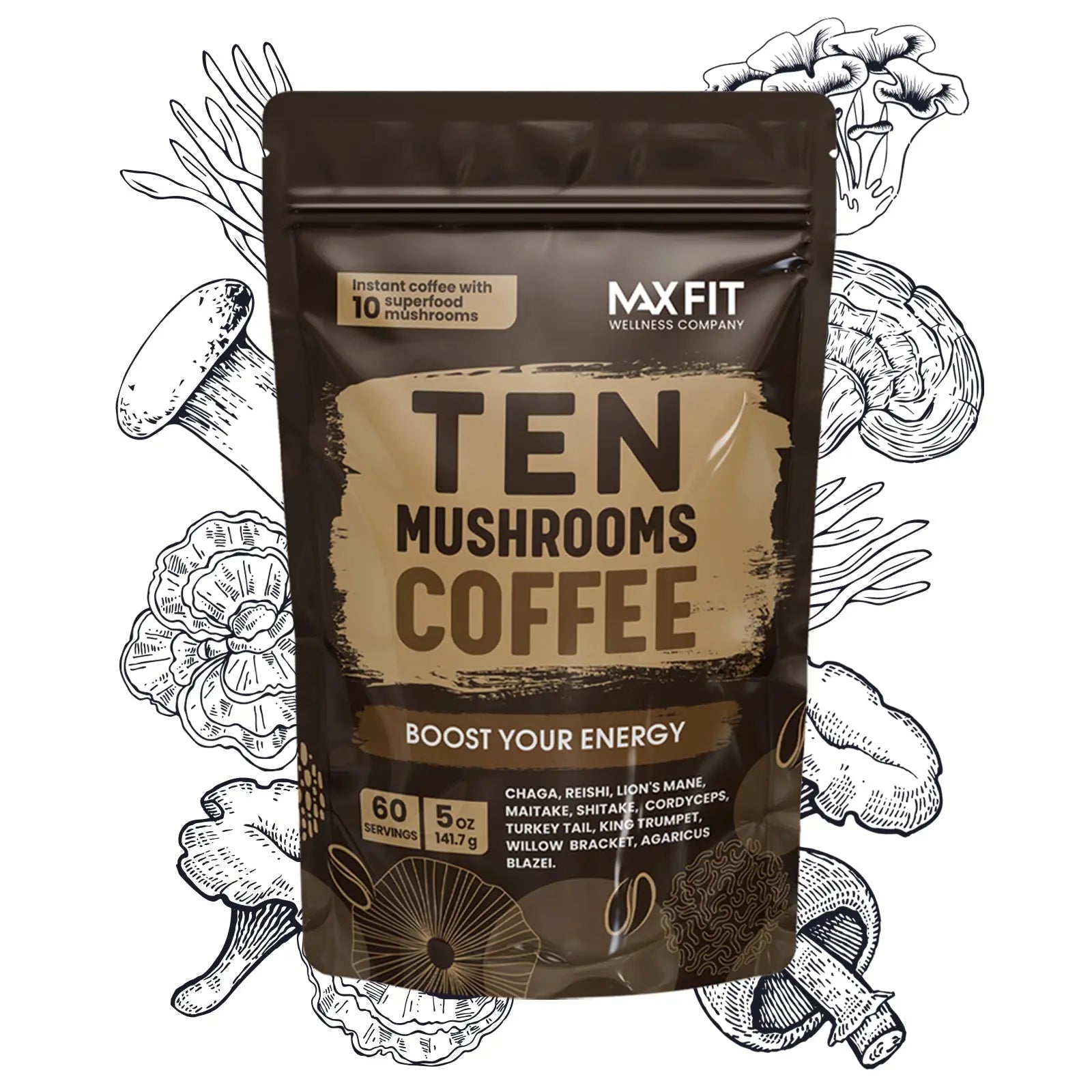 Original 10 Mushrooms Instant Coffee – 60 Servings | Medium Roast Arabica Coffee with Chaga, Reishi, Lion'S Mane, Cordyceps, Shiitake & Turkey Tail Blend - Sugar Free & Gluten Free - Boost Energy, Support Mental Focus & Immune System - Everyday Wellness