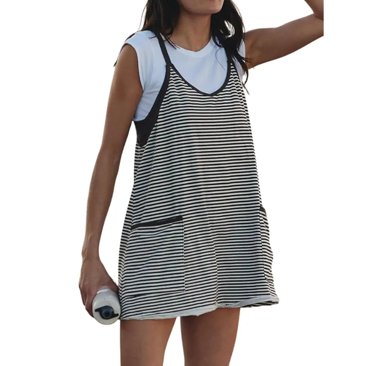 Yeokou Women'S Summer Athletic Mini Dress Sleeveless V Neck Built-In Shorts Striped Tennis Workout Vacation