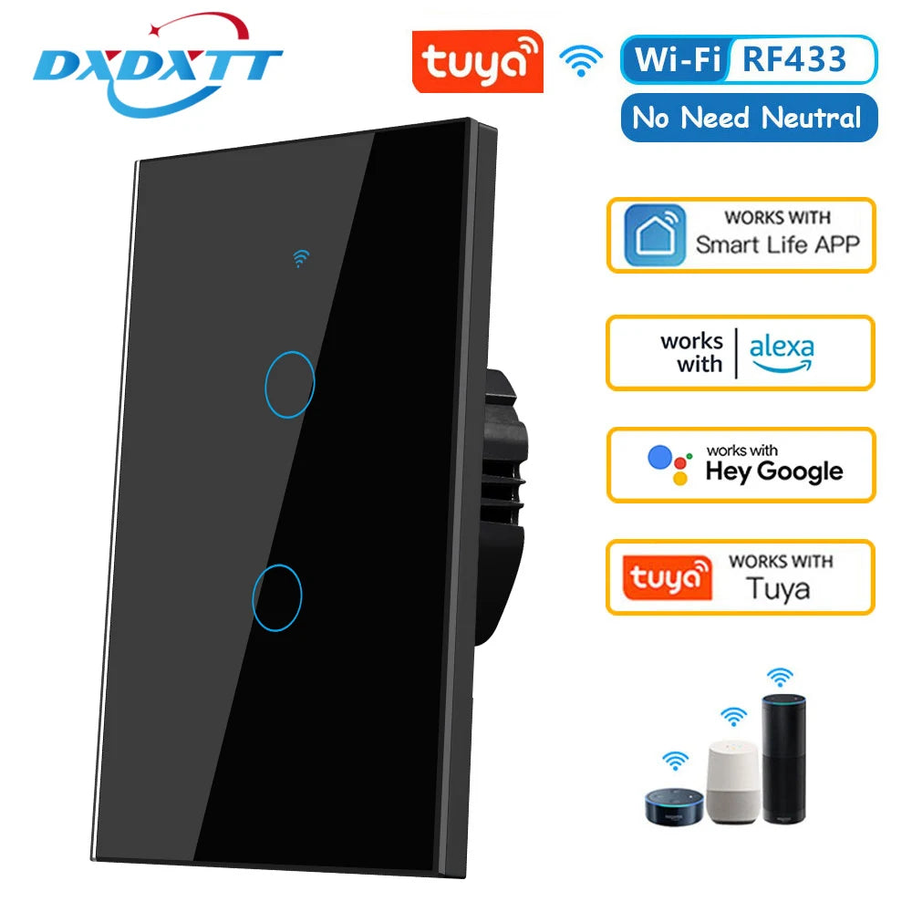 Tuya Smart Switches US RF433 1/2/3 Gang No Neutral Wire Touch Sensor LED Light Wifi Wall Switches Smart Home Alexa Google Home