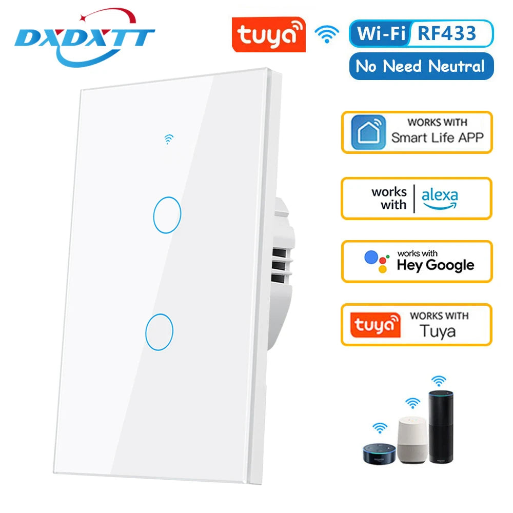 Tuya Smart Switches US RF433 1/2/3 Gang No Neutral Wire Touch Sensor LED Light Wifi Wall Switches Smart Home Alexa Google Home