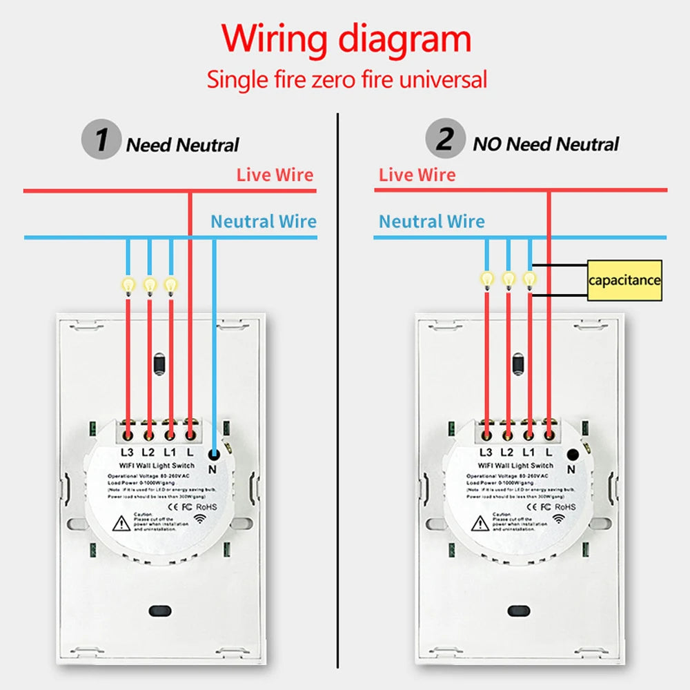 Tuya Smart Switches US RF433 1/2/3 Gang No Neutral Wire Touch Sensor LED Light Wifi Wall Switches Smart Home Alexa Google Home